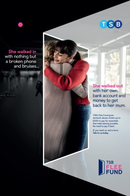 Image showing a mother and daughter hugging, including information on the TSB flee fund